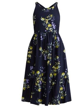 Time & Tru Navy Floral Lemon Print Midi  Smocked Tie Back Tiered Sundress 16/18